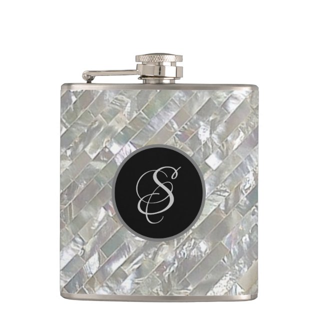 Monogrammed Faux White Mother Of Pearl Flask (Front)