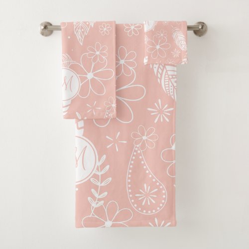monogrammed feathers flower doodles pink ANY color Bath Towel Set