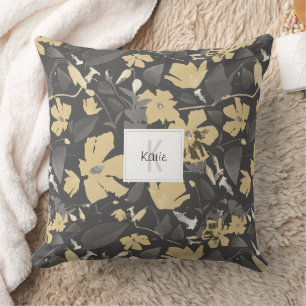 Monogrammed  Feminine Gold Gray Floral Pattern Throw Pillow