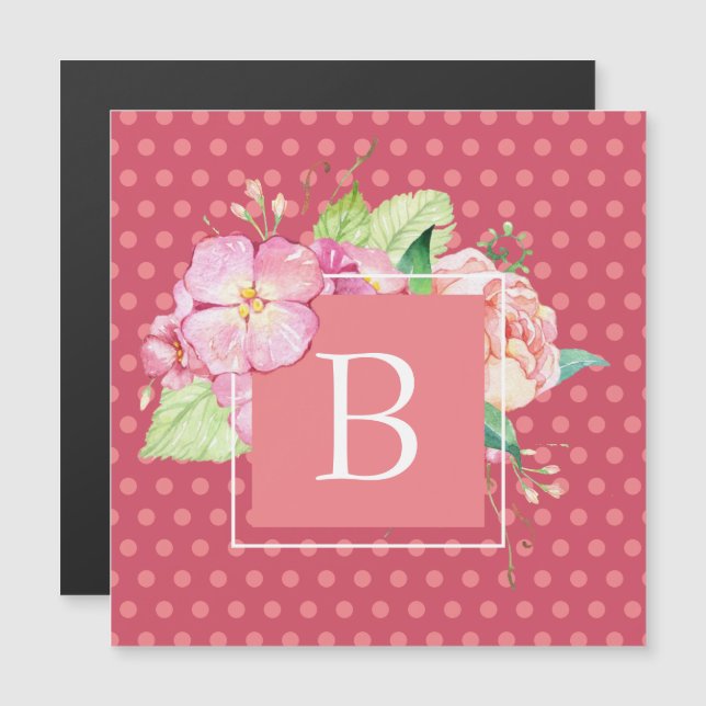 Monogrammed Feminine Pink Dots Watercolor Magnet (Front/Back)