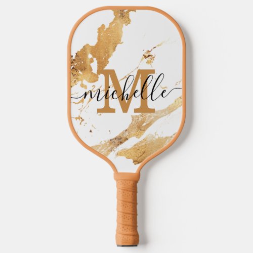 Monogrammed Feminine Script Name White Gold Marble Pickleball Paddle