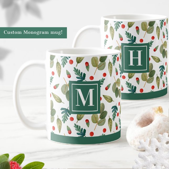Monogrammed, Festive Greenery and Holly Green Red Coffee Mug (Creator Uploaded)