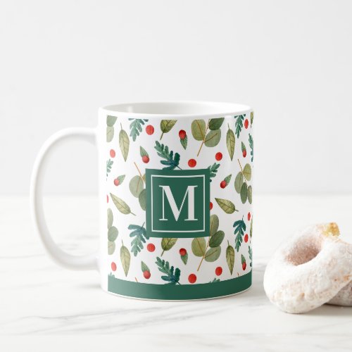 Monogrammed Festive Greenery and Holly Green Red Coffee Mug