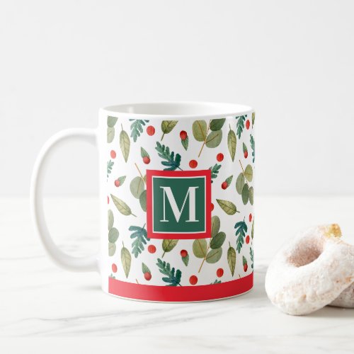 Monogrammed Festive Greenery and Holly Red Green Coffee Mug