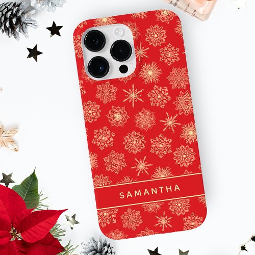 Monogrammed Festive Red Christmas Snowflakes Case_Mate iPhone 14 Pro Max Case