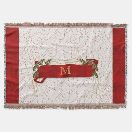 Monogrammed Festive Red with Boughs of Holly Throw Blanket