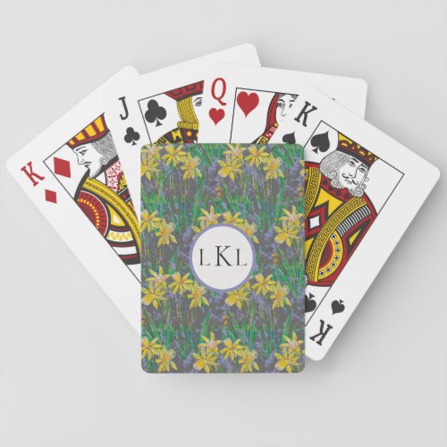 Monogrammed Fields of Daffodils Playing Cards Grey