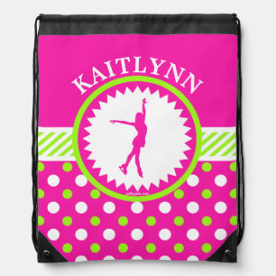 Monogrammed Figure Skater Pink - Green Polka-Dots Drawstring Bag