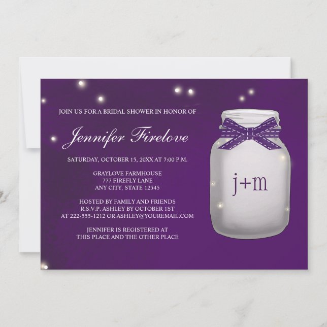 Monogrammed Firefly Mason Jar Bridal Shower Invitation (Front)