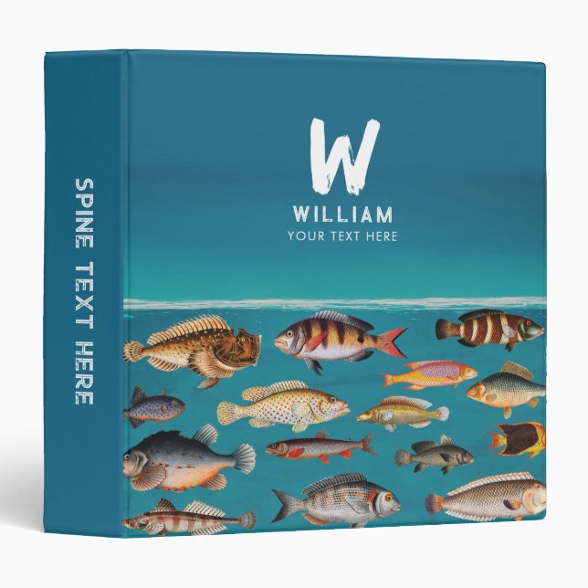 Monogrammed Fish Under Blue Ocean 3 Ring Binder (Front/Spine)