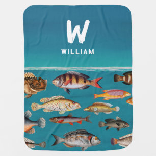 Monogrammed Fish Under Blue Ocean Baby Blanket