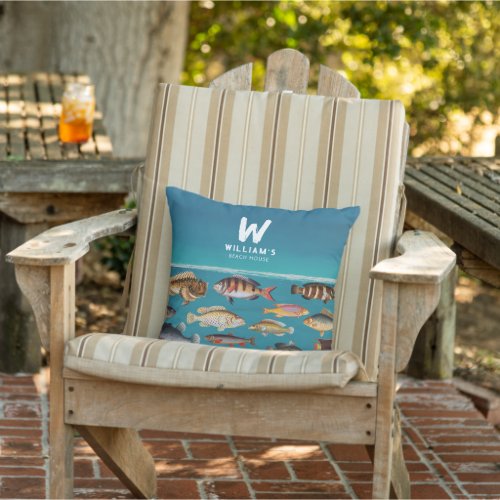 Monogrammed Fish Under Blue Ocean Beach House Outdoor Pillow