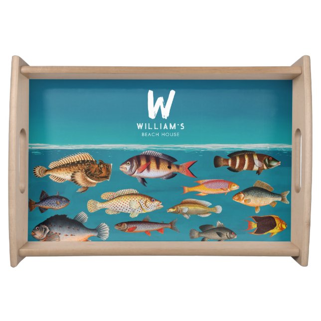 Monogrammed Fish Under Blue Ocean Beach House Serving Tray (Front)