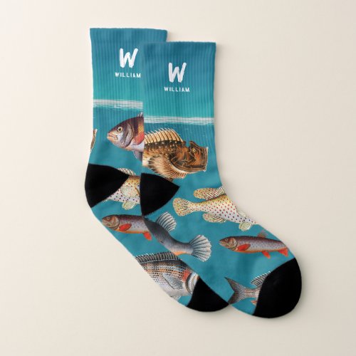 Monogrammed Fish Under Blue Ocean  Socks