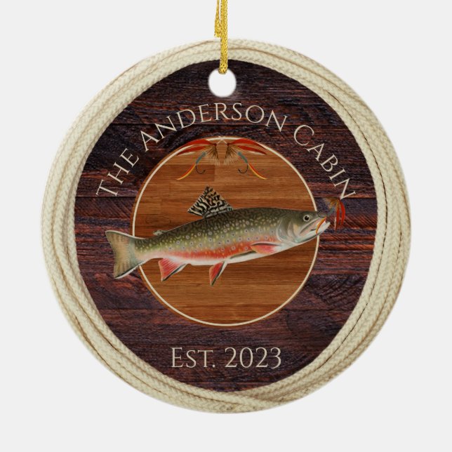 Monogrammed Fishermen Fly Fishing Trout  Ceramic Ornament (Back)