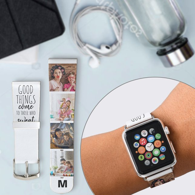 Monogrammed Fitness Quote 4 Photo Black White Apple Watch Band (Creator Uploaded)
