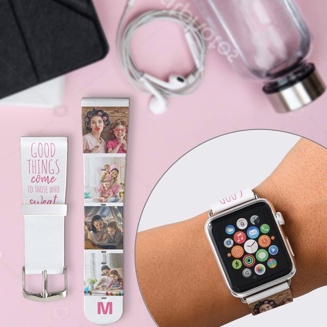Monogrammed Fitness Quote 4 Photo Pink White Apple Watch Band (Creator Uploaded)