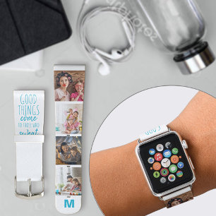 Monogrammed Fitness Quote 4 Photo Turquoise White Apple Watch Band