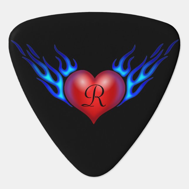 Monogrammed Flaming Heart Guitar Pick (Front)