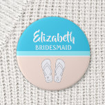 Monogrammed Flip-Flops Beach Wedding Bridesmaid Button<br><div class="desc">Bridesmaids will love a cute and chic personalized button as a keepsake gift for a beach wedding. All text is simple to customize. This pin is a stylish accessory for a bridal shower, bachelorette party, or rehearsal dinner. Pastel coral and light turquoise blue design features bright white typography, name, initials,...</div>