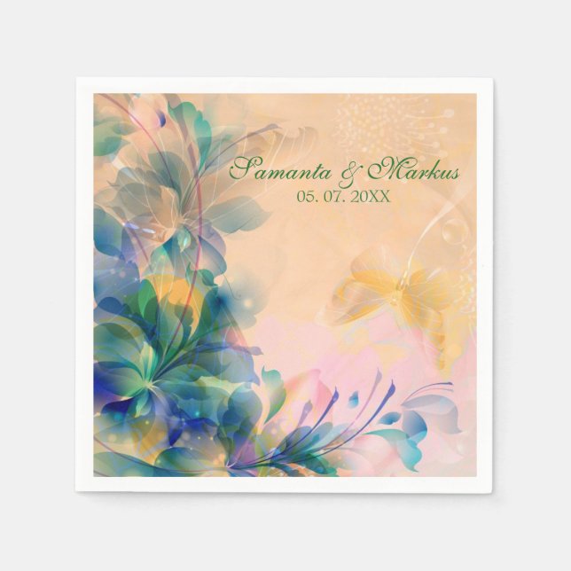 Monogrammed Floral Background Blue And Beige Paper Napkins (Front)