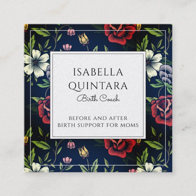 Monogrammed Floral Birth Coach Doula Square Business Card (Front)
