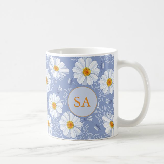 Monogrammed Floral Blue, Orange, White Coffee Mug (Right)