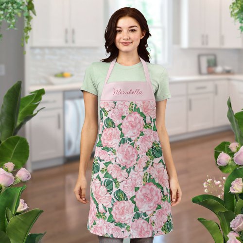 Monogrammed Floral Elegant Pink Apron