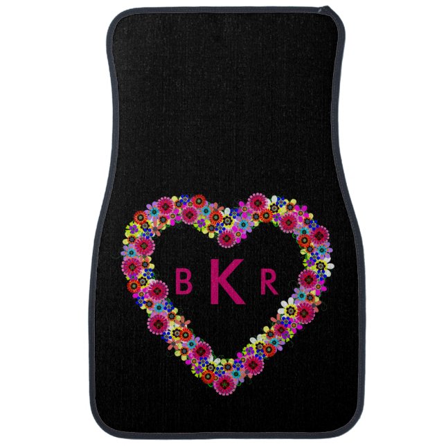 Monogrammed Floral Heart Car Mat (Front)