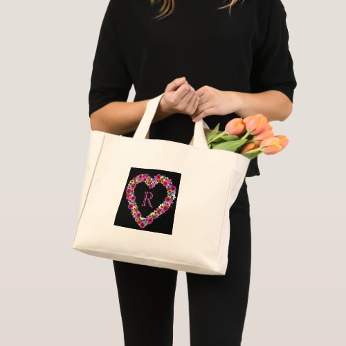 Monogrammed Floral Heart in Black Mini Tote Bag