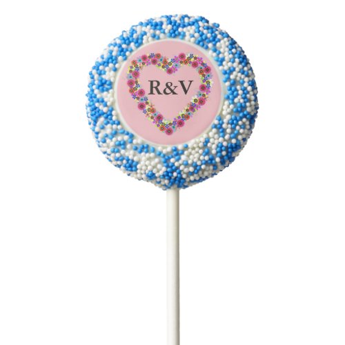 Monogrammed Floral Heart in Rose Pink Chocolate Dipped Oreo Pop