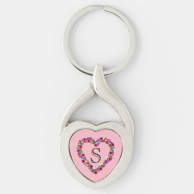 Monogrammed Floral Heart in Rose Pink Keychain (Front)