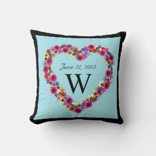 Monogrammed Floral Heart Wedding Date Throw Pillow