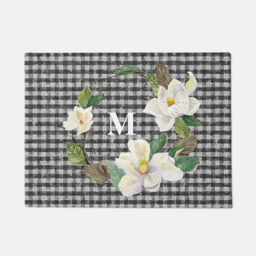 Monogrammed Floral Magnolia Black and White Check Doormat