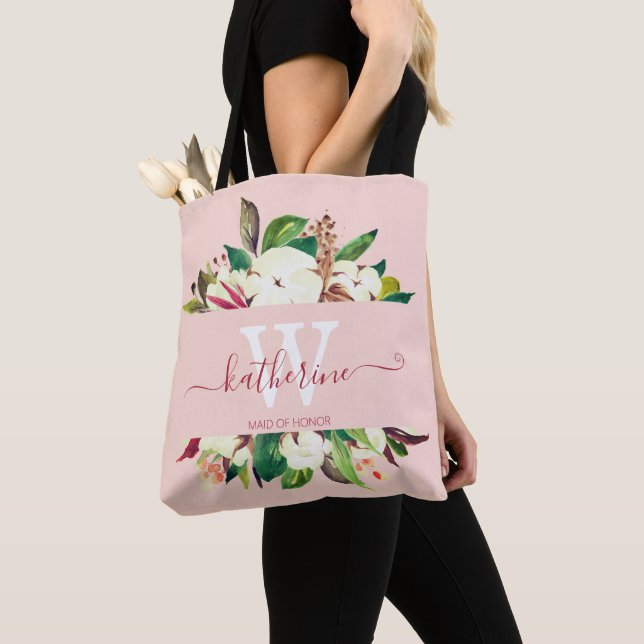Monogrammed Floral Maid of Honor Tote Bag (Close Up)