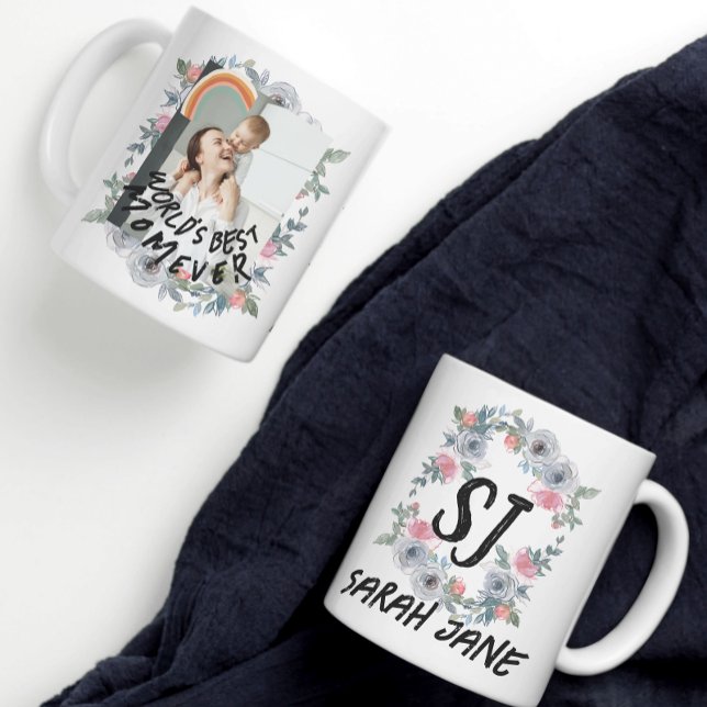 Monogrammed Floral name & photo World's best mom Coffee Mug (Creator Uploaded)