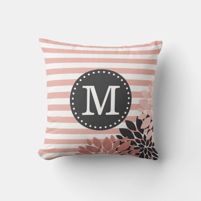 Monogrammed Floral Pink White Stripes Pattern Throw Pillow (Front)