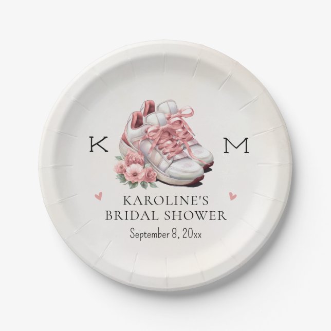 Monogrammed Floral Running Theme Bridal Shower Paper Plates (Front)
