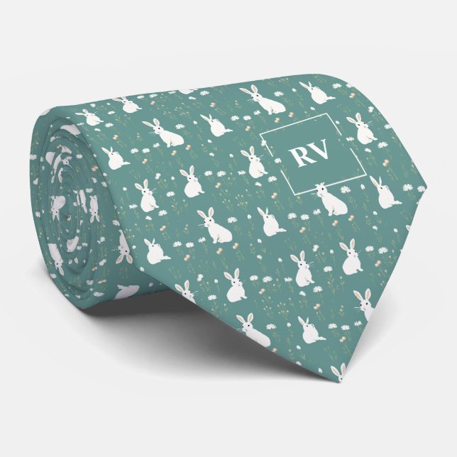 Monogrammed Floral Spring Bunny Neck Tie (Rolled)