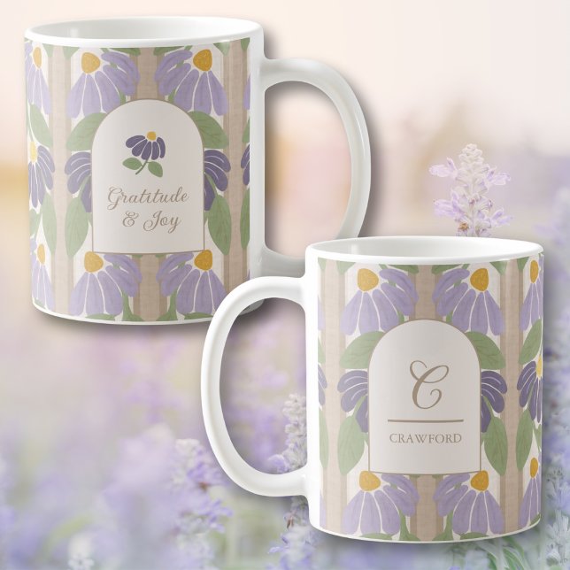 Monogrammed Floral Stripe Mug – Personalized Gift  (Monogrammed Purple Bloom Striped Mug with Custom Inspirational Quote)