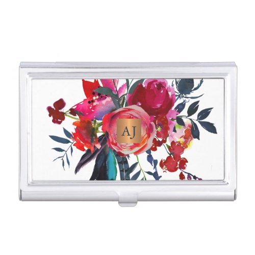 Monogrammed floral watercolor glam copper square case for business cards