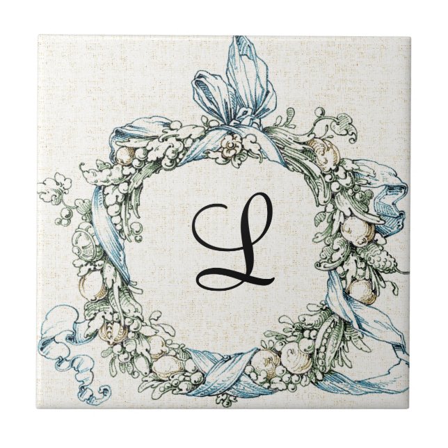 Monogrammed Floral Wreath Ceramic Tile (Front)