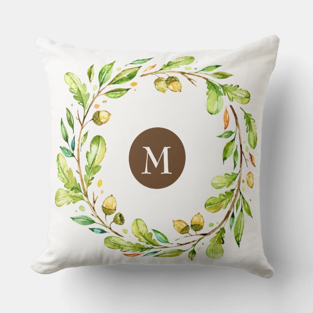 Monogrammed Floral Wreath Throw Pillow (Front)