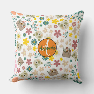 Monogrammed flowers nursery baby girl pink orange  throw pillow