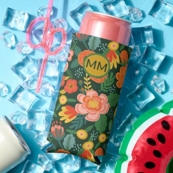 Monogrammed Flowers Personalized Seltzer Can Cooler by Ricaso_Designs at Zazzle