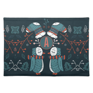 Monogrammed Folk Art Christmas Blue Red Owls Trees Cloth Placemat