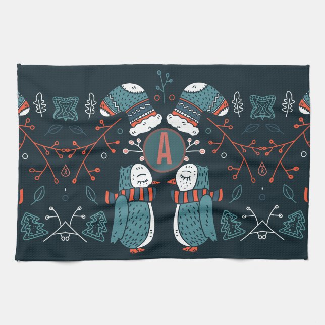 Monogrammed Folk Art Christmas Blue Red Owls Trees Kitchen Towel (Horizontal)