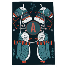 Monogrammed Folk Art Christmas Blue Red Owls Trees