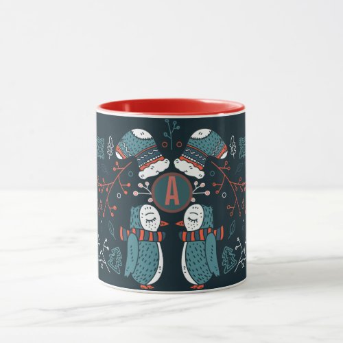 Monogrammed Folk Art Christmas Blue Red Owls Trees Mug