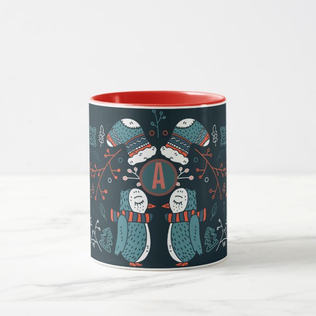 Monogrammed Folk Art Christmas Blue Red Owls Trees Mug (Center)